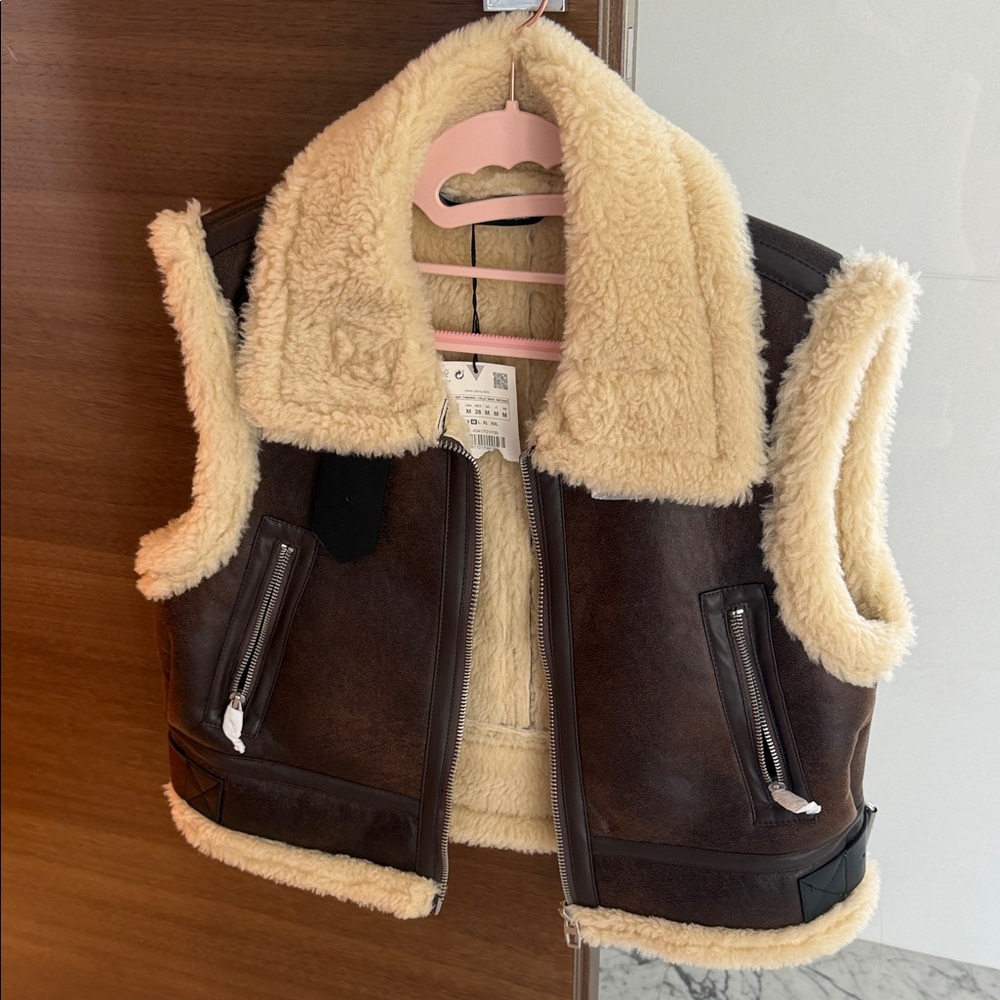 Zara Brown Faux Shearling Vest with Cream Lining